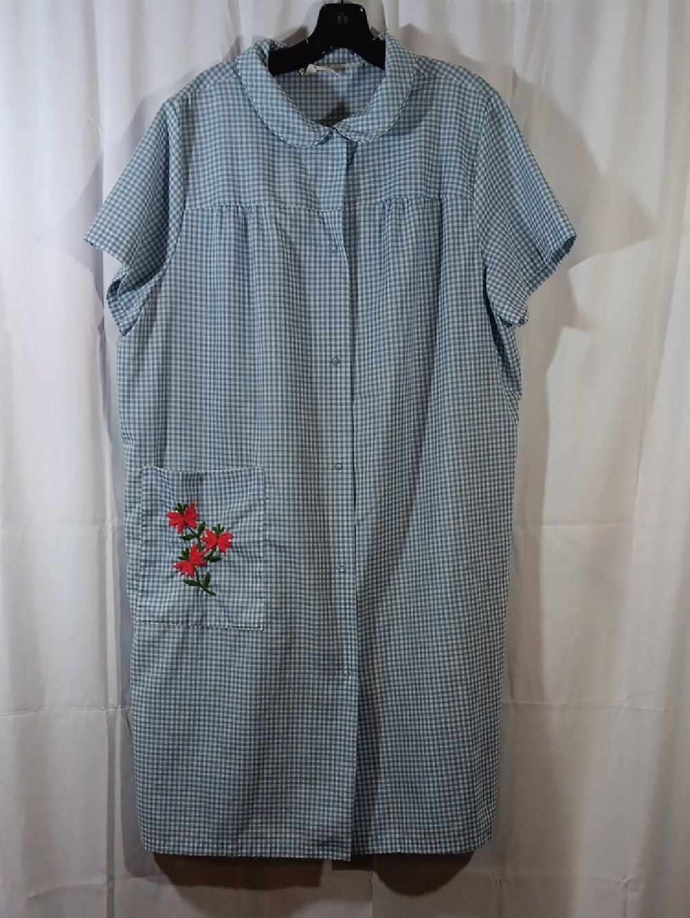 Vintage Gaymode Penneys Womens House Dress Blue Gingham Red Embroidered Flower